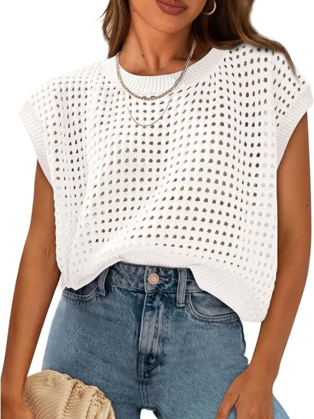 ✨ PRETTYGARDEN Crochet Cap Sleeve Sweater Top White Medium NWT